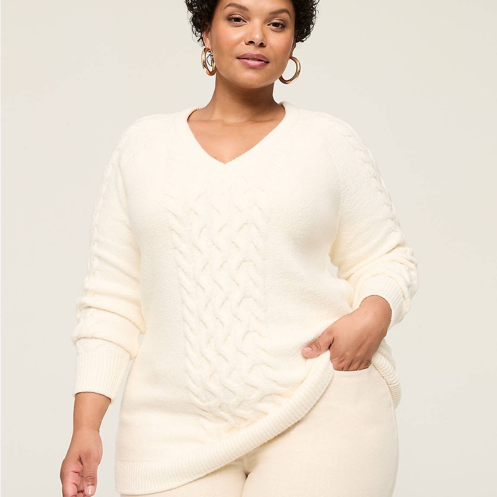 Lane Bryant Cable Knit V-Neck Sweater | Ivory | Size 22/24 | Soft Cozy Knit